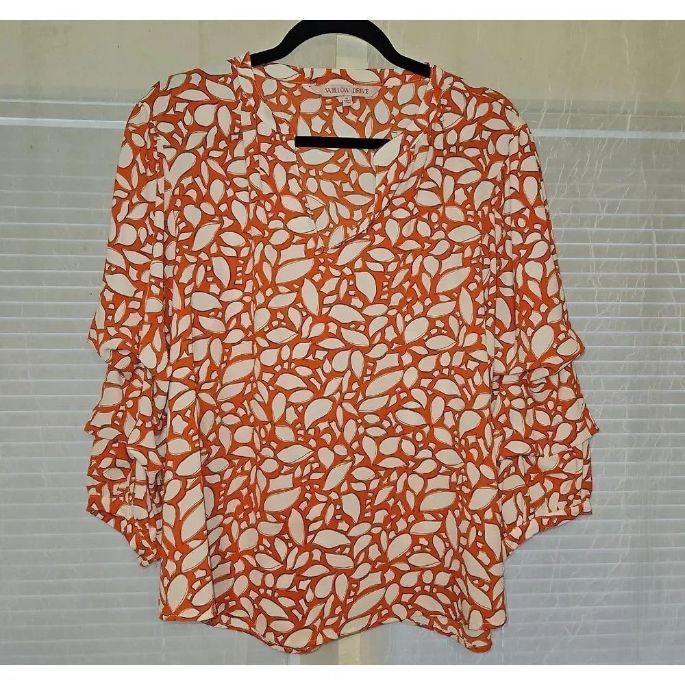 Willow Drive Split Neck Orange N Cream Leaf Print Top